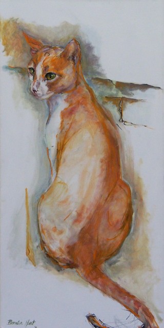 A Mixed Media painting by Bronwen Hunt in the Realist Impressionist style  depicting Animals Cats with main colour being Brown Cream and Grey and titled Ginger