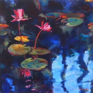 An Oil painting by Bronwen Hunt in the Realist Impressionist style  depicting Water with main colour being Blue Green and Pink and titled Lilies