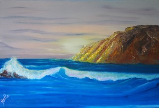An Oil painting by Belinda Jane McDonnell in the Realist Impressionist style  depicting Seascape Beach Mountains and Water with main colour being Blue and Brown and titled Golden Mountain