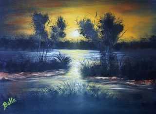 An Oil painting by Belinda Jane McDonnell in the Impressionist style  depicting Landscape Night River and Swamp with main colour being Black Brown and Orange and titled Mexican Sunset