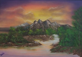 An Oil painting by Belinda Jane McDonnell in the Realist Impressionist style  depicting Landscape Mountains Sunset and Trees with main colour being Brown Green and Orange and titled Heavenly stream