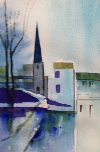 A Watercolour painting by Barbara McGuire in the Realist Impressionist style  depicting Landscape Buildings and titled The Village Church
