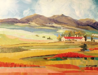 An Acrylic painting by Barbara McGuire in the Contemporary Realist style  depicting Landscape Mountains and Rural with main colour being Blue Orange and Red and titled Towards Angaston