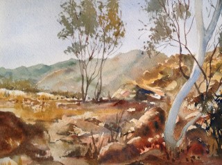 A Watercolour painting by Barbara McGuire in the Realist Impressionist style  depicting Landscape Rural with main colour being Blue and Brown and titled Outback Australia