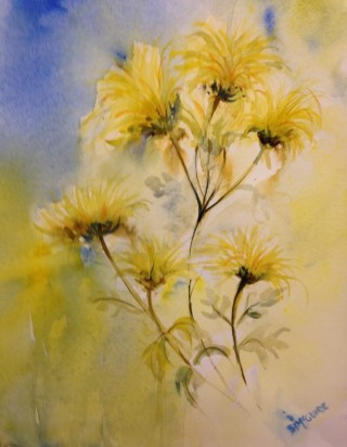 A Watercolour painting by Barbara McGuire in the Realist Impressionist style  depicting Flowers with main colour being Blue and Yellow and titled A Touch of Yellow