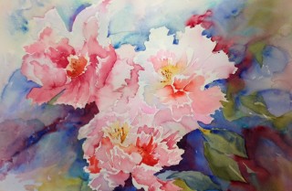 A Watercolour painting by Barbara McGuire in the Realist Impressionist style  depicting Flowers with main colour being Cream Pink and Red and titled Pink Flowers