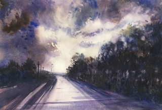 A Watercolour painting by Barbara McGuire in the Realist style  depicting Landscape Storm with main colour being Blue Cream and Purple and titled Into the Light