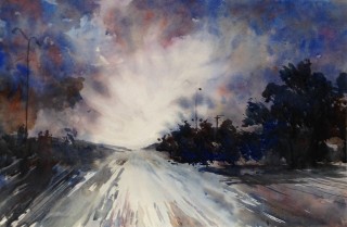 A Watercolour painting by Barbara McGuire in the Realist style  depicting Landscape Storm with main colour being Black Blue and Cream and titled Approaching Storm