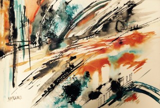 A Mixed Media painting by Barbara McGuire in the Abstract style  with main colour being Black Blue and Cream and titled Abstract 1