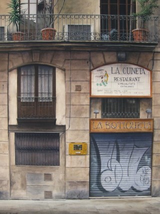 A Watercolour painting by Nicholas Truscott in the Realist style  Buildings and titled Barcelona Restaurant