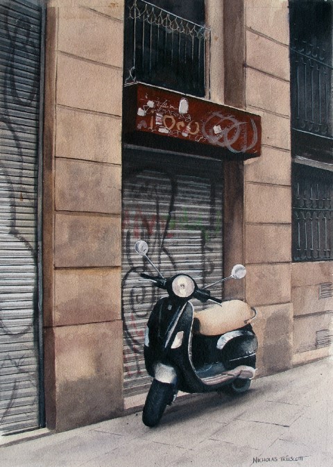Watercolour Painting by Nicholas Truscott titled Barcelona Scooter