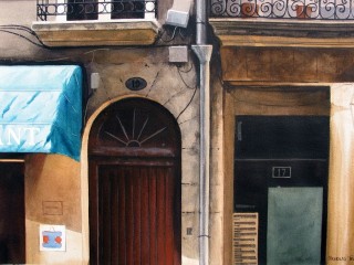 A Watercolour painting by Nicholas Truscott in the Realist style  Buildings and titled French Restaurant, Bordeaux