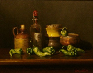 An Oil painting by Gregory R. Smith in the Realist style  depicting Still Life Fruit Pots and Vases with main colour being Brown and Ochre and titled Green Chillies