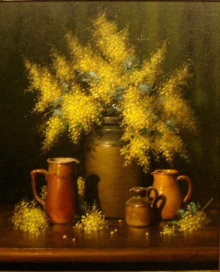 An Oil painting by Gregory R. Smith in the Realist style  depicting Flowers and Vases with main colour being Brown and Yellow and titled Cootomundra Glow