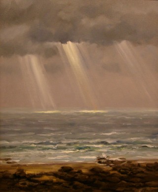 An Oil painting by Gregory R. Smith in the Realist style  depicting Landscape Beach Storm and Water with main colour being Blue Brown and Grey and titled Shafts of Light on Loutit Bay