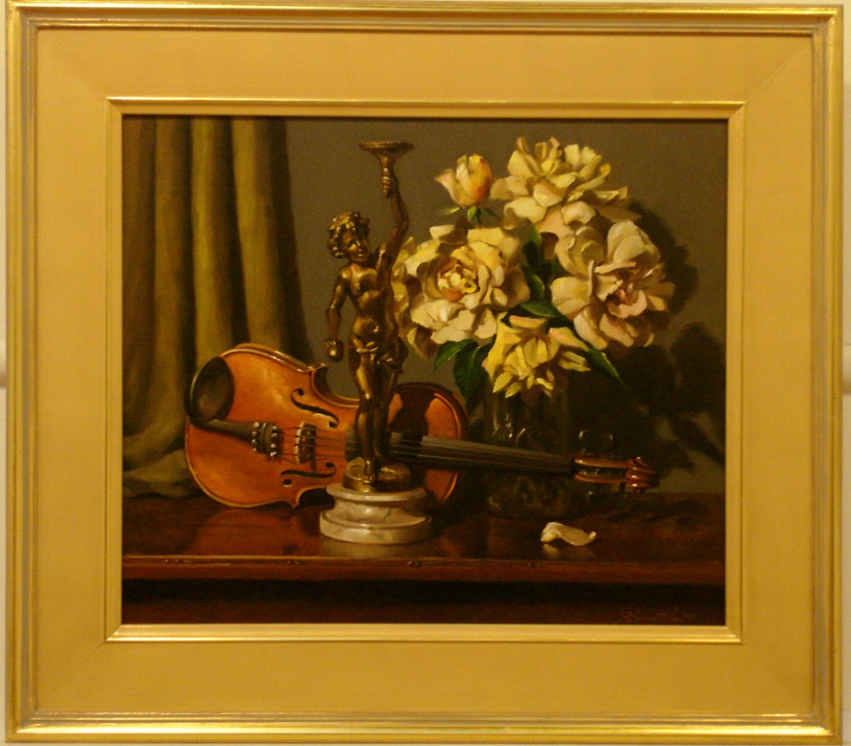 Oil Painting by Gregory R. Smith titled Peace Rose, Cherub & Violin