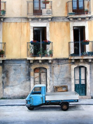 A Watercolour painting by Nicholas Truscott in the Realist style  Buildings and Cars and titled The Blue Truck