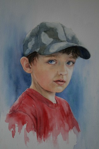 A Watercolour painting by Sharon Moroney in the Realist style  depicting Children with main colour being Blue Green and Red and titled Boy