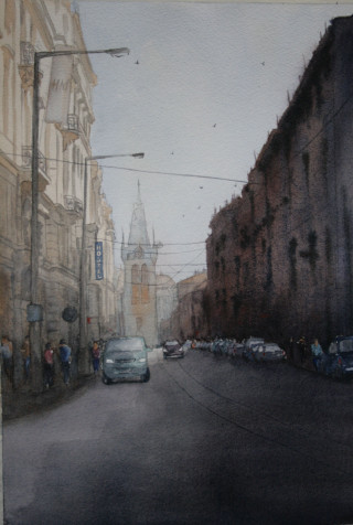 A Watercolour painting by Sharon Moroney in the Realist Impressionist style  depicting Buildings and Streets with main colour being Brown Grey and Purple and titled Morning delivery van