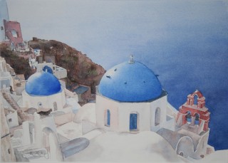 A Watercolour painting by Sharon Moroney in the Realist Impressionist style  depicting Buildings and Water with main colour being Blue Brown and White and titled Santorini Coast