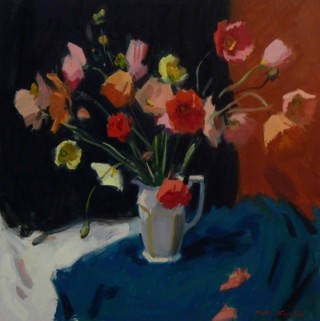 An Oil painting by Peter Smales in the Impressionist style  depicting Flowers with main colour being Black Grey and Pink and titled Floral Still Life