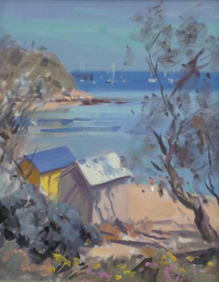 An Oil painting by Peter Smales in the Impressionist style  depicting Beach with main colour being Blue and Pink and titled Landscape