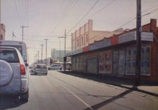 A Watercolour painting by Nicholas Truscott Streets and titled High Street Northcote