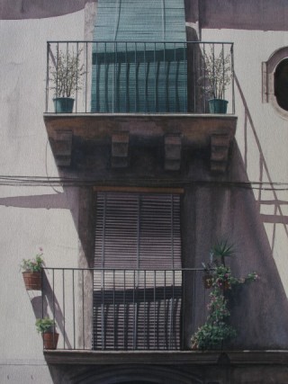 A Watercolour painting by Nicholas Truscott in the Realist style  depicting Buildings and titled The Little Shop, Sicily