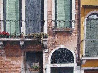 A Watercolour painting by Nicholas Truscott in the Realist style  depicting Buildings and titled Venetian Facade