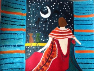 An Acrylic painting by Amal Alyaseen in the Semi-Abstract style  depicting Woman Moon with main colour being Blue and Red and titled Moonlight