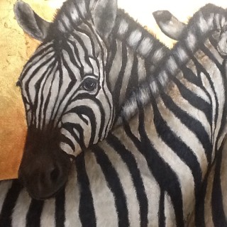 An Acrylic painting by Ainsley McPherson in the Realist style  depicting Animals with main colour being Black White and Yellow and titled Zebras