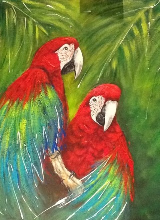 A  painting by Ainsley McPherson in the Realist style  depicting Animals Birds with main colour being Blue Green and Red and titled Tropical Birds