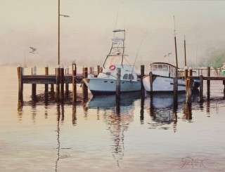 A Watercolour painting by Brian Garner in the Realist style  depicting Boats and Water with main colour being Brown Cream and Yellow and titled Sunrise at Bateman’s Bay