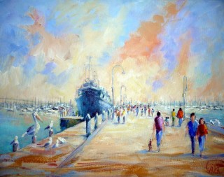 An Acrylic painting by Ivana Pinaffo in the Realist Impressionist style  depicting Landscape Beach Boats and People with main colour being Blue Cream and Pink and titled Gem Pier Williamstown