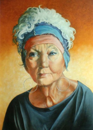 A  painting by Lorna Thrift Brooks depicting Portrait Woman with main colour being Blue and Orange and titled Joan