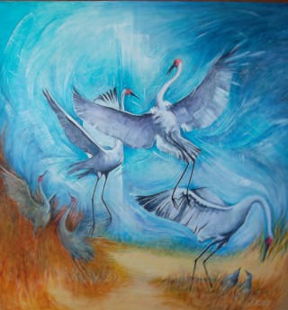 An Acrylic painting by Lorna Thrift Brooks in the Contemporary style  depicting Animals Birds with main colour being Blue and Orange and titled Brolga Dance