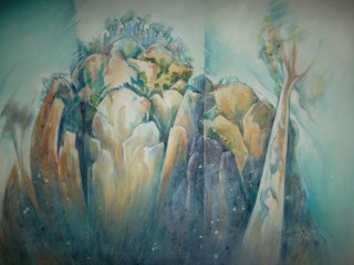 A  painting by Lorna Thrift Brooks in the Semi-Abstract style  depicting Landscape Hills Mountains and Trees with main colour being Blue and Pink and titled Hanging Rock