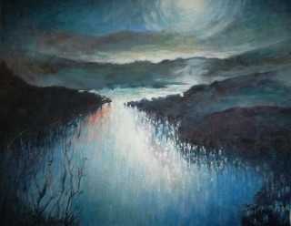 An Oil painting by Lorna Thrift Brooks depicting Landscape Hills Night and River with main colour being Black and Blue and titled Moonlight Reflections