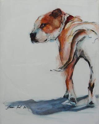 A Mixed Media painting by Bronwen Hunt in the Realist Impressionist style  depicting Animals Dogs with main colour being Blue Brown and Grey and titled The Look