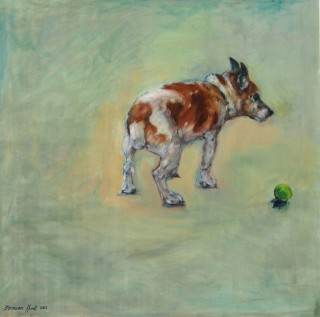 An Oil painting by Bronwen Hunt in the Realist Impressionist style  Dogs with main colour being Brown Green and White and titled Old Dog.