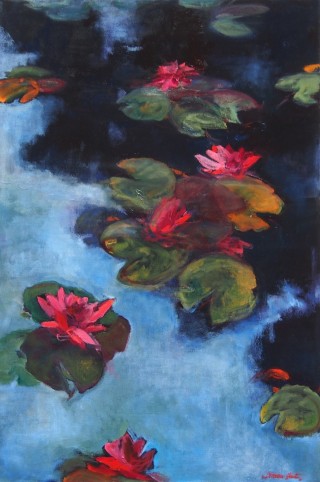 An Oil painting by Bronwen Hunt in the Realist Impressionist style  Garden and Water with main colour being Black Blue and Green and titled Lilies 3