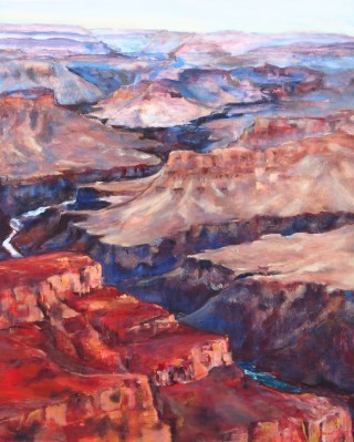 A  painting by Bronwen Hunt in the Realist Impressionist style  River Rocks and Sunset with main colour being Brown Grey and Red and titled Ain't it Grand