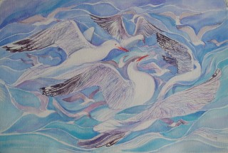 A Watercolour artwork by Heidi Hereth depicting Animals Beach Birds and Fantasy with main colour being Blue and titled On Fleeting Wings
