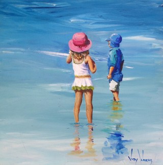 A  painting by Judy Waters depicting Beach and Children with main colour being Blue and titled Beach Scene