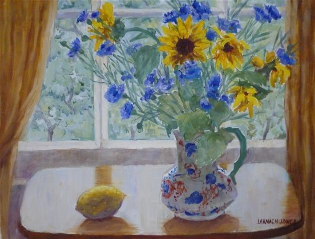 Oil Painting by Mary Larnach-Jones titled Laura's Sunflowers and Cornflowers