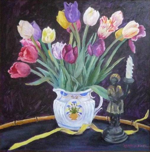 Oil Painting by Mary Larnach-Jones titled Tulips in Dora Carrington's Jug