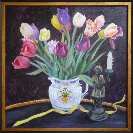 Oil Painting by Mary Larnach-Jones titled Tulips in Dora Carrington's Jug