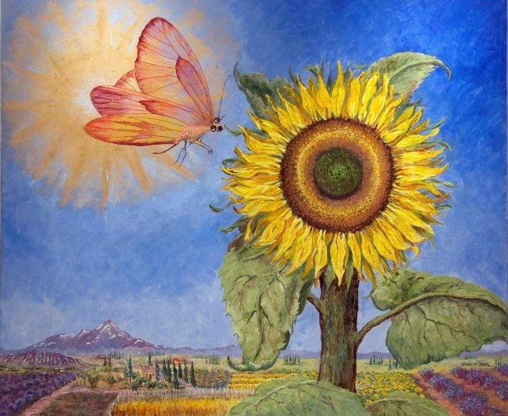 Oil Painting by Mary Larnach-Jones titled The Sun, the Fly and the Sunflower