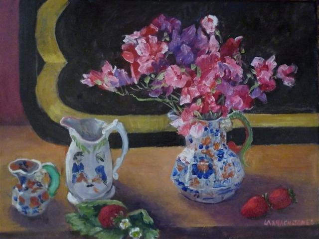 Oil Painting by Mary Larnach-Jones titled Sweet Peas and Jugs