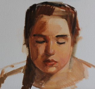 An Oil painting by Rachel Dettmann in the Realist Impressionist style  depicting Portrait Woman with main colour being Brown Cream and Ochre and titled Sarah